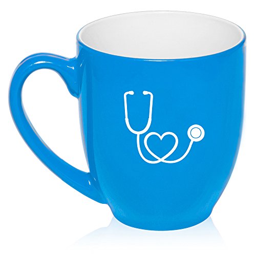 16 oz Light Blue Large Bistro Mug Ceramic Coffee Tea Glass Cup Heart Stethoscope Nurse Doctor