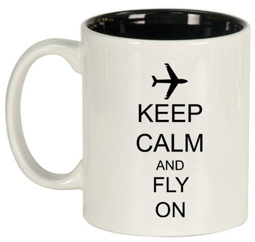 Keep Calm and Fly On Airplane Ceramic Coffee Tea Mug Cup White Black
