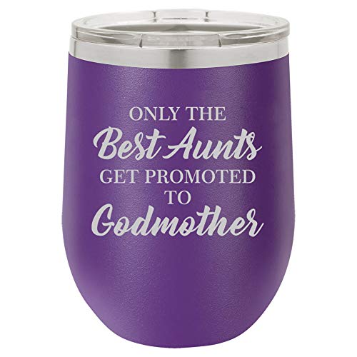 12 oz Double Wall Vacuum Insulated Stainless Steel Stemless Wine Tumbler Glass Coffee Travel Mug With Lid The Best Aunts Get Promoted To Godmother (Purple)