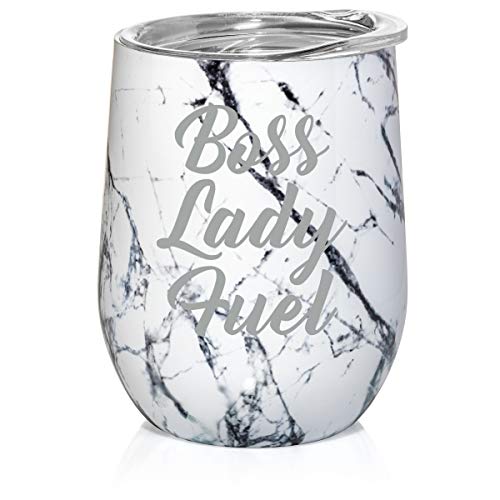 12 oz Double Wall Vacuum Insulated Stainless Steel Marble Stemless Wine Tumbler Glass Coffee Travel Mug With Lid Boss Lady Fuel (Black White Marble)