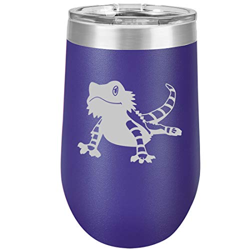 16 oz Double Wall Vacuum Insulated Stainless Steel Stemless Wine Tumbler Glass Coffee Travel Mug With Lid Bearded Dragon Lizard (Purple)