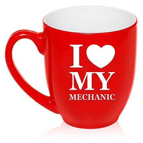 16 oz Large Bistro Mug Ceramic Coffee Tea Glass Cup I Love Heart My Mechanic (Red)