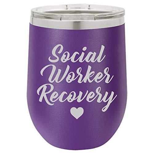 12 oz Double Wall Vacuum Insulated Stainless Steel Stemless Wine Tumbler Glass Coffee Travel Mug With Lid Social Worker Recovery (Purple)