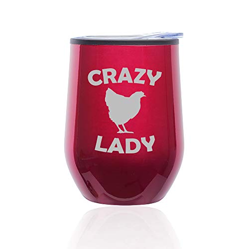 Stemless Wine Tumbler Coffee Travel Mug Glass With Lid Crazy Chicken Lady (Fuchsia)