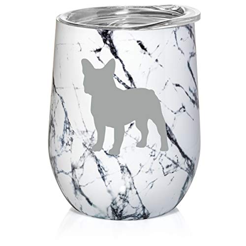 12 oz Double Wall Vacuum Insulated Stainless Steel Marble Stemless Wine Tumbler Glass Coffee Travel Mug With Lid French Bulldog (Black White Marble)