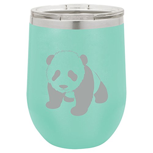 12 oz Double Wall Vacuum Insulated Stainless Steel Stemless Wine Tumbler Glass Coffee Travel Mug With Lid Baby Panda (Teal)