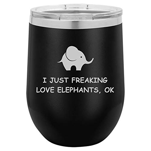 12 oz Double Wall Vacuum Insulated Stainless Steel Stemless Wine Tumbler Glass Coffee Travel Mug With Lid I Just Freaking Love Elephants Funny (Black)