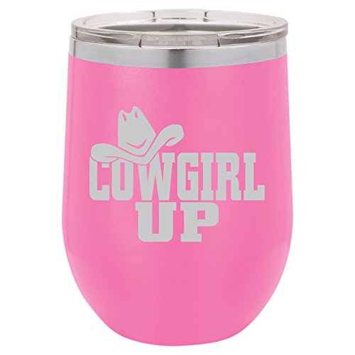 12 oz Double Wall Vacuum Insulated Stainless Steel Stemless Wine Tumbler Glass Coffee Travel Mug With Lid Cowgirl Up With Hat (Hot-Pink)