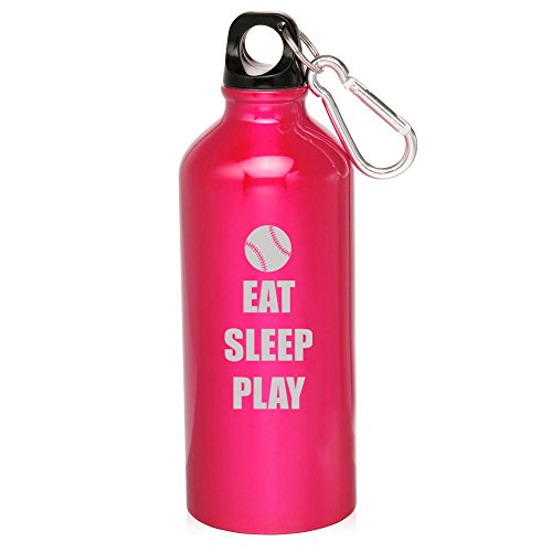 20oz Aluminum Sports Water Bottle Caribiner Clip Eat Sleep Play Baseball Softball (Hot Pink)