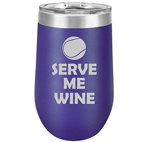 16 oz Double Wall Vacuum Insulated Stainless Steel Stemless Wine Tumbler Glass Coffee Travel Mug With Lid Tennis Serve Me Wine (Purple)