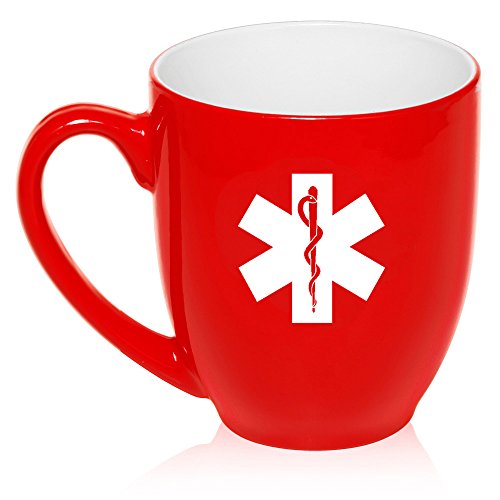 16 oz Large Bistro Mug Ceramic Coffee Tea Glass Cup Star Of Life EMT (Red)