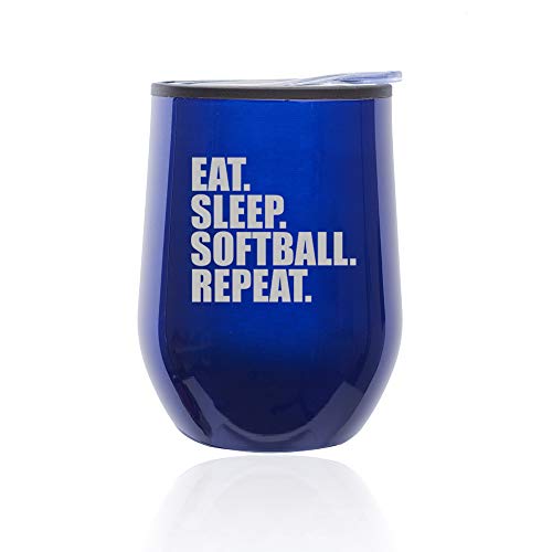 Stemless Wine Tumbler Coffee Travel Mug Glass With Lid Eat Sleep Softball Repeat (Blue)