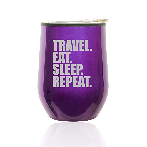 Stemless Wine Tumbler Coffee Travel Mug Glass With Lid Travel Eat Sleep Repeat (Royal Purple)