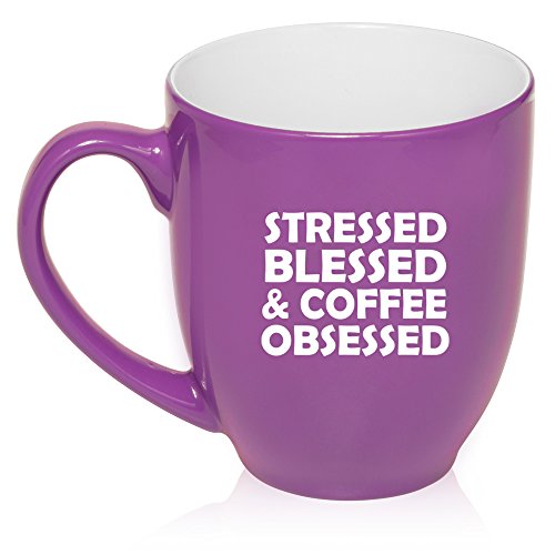 16 oz Large Bistro Mug Ceramic Coffee Tea Glass Cup Stressed Blessed & Coffee Obsessed (Purple)