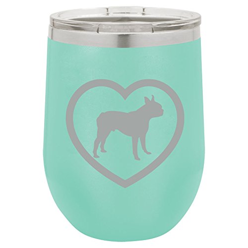 12 oz Double Wall Vacuum Insulated Stainless Steel Stemless Wine Tumbler Glass Coffee Travel Mug With Lid Boston Terrier Heart (Teal)