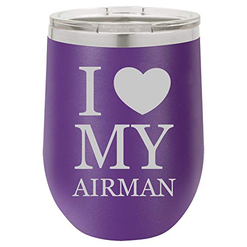 12 oz Double Wall Vacuum Insulated Stainless Steel Stemless Wine Tumbler Glass Coffee Travel Mug With Lid I Love My Airman Airforce (Purple)