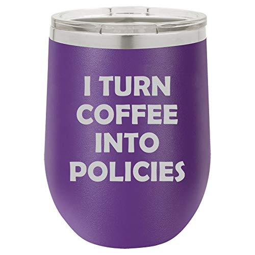 12 oz Double Wall Vacuum Insulated Stainless Steel Stemless Wine Tumbler Glass Coffee Travel Mug With Lid I Turn Coffee Into Policies Insurance Agent (Purple)