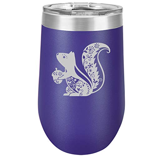 16 oz Double Wall Vacuum Insulated Stainless Steel Stemless Wine Tumbler Glass Coffee Travel Mug With Lid Fancy Squirrel (Purple)