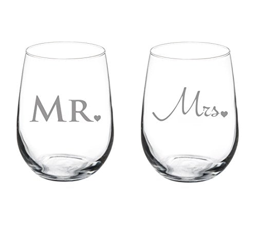 Pair of 17 oz Stemless Wine Glass (2) Married Couple Mr. and Mrs.