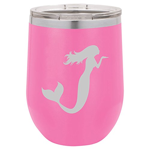 12 oz Double Wall Vacuum Insulated Stainless Steel Stemless Wine Tumbler Glass Coffee Travel Mug With Lid Mermaid (Hot-Pink)