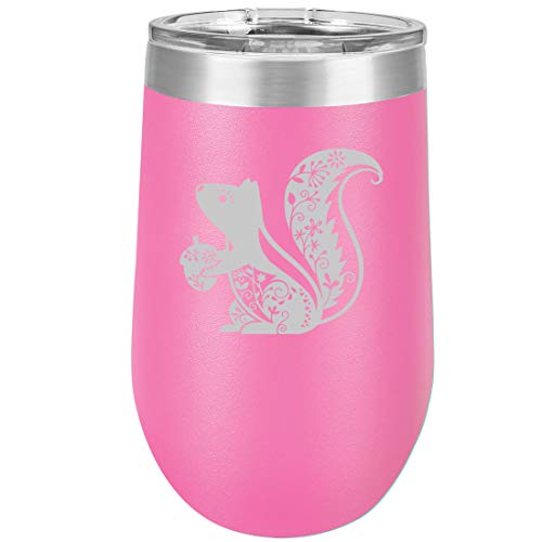 16 oz Double Wall Vacuum Insulated Stainless Steel Stemless Wine Tumbler Glass Coffee Travel Mug With Lid Fancy Squirrel (Hot Pink)