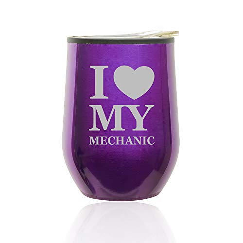 Stemless Wine Tumbler Coffee Travel Mug Glass With Lid I Love Heart My Mechanic (Royal Purple)