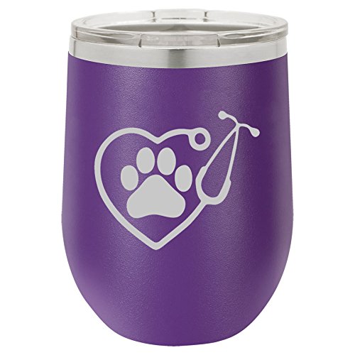 12 oz Double Wall Vacuum Insulated Stainless Steel Stemless Wine Tumbler Glass Coffee Travel Mug With Lid Heart Stethoscope Vet Tech Veterinarian (Purple)