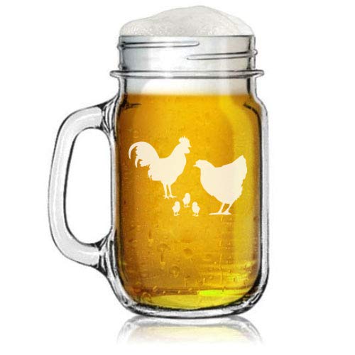 16oz Mason Jar Glass Mug w/Handle Chicken Family