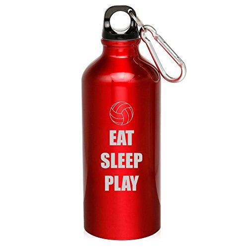 20oz Aluminum Sports Water Bottle Caribiner Clip Eat Sleep Play Volleyball (Red)