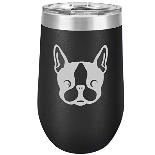 16 oz Double Wall Vacuum Insulated Stainless Steel Stemless Wine Tumbler Glass Coffee Travel Mug With Lid Boston Terrier Puppy (Black)