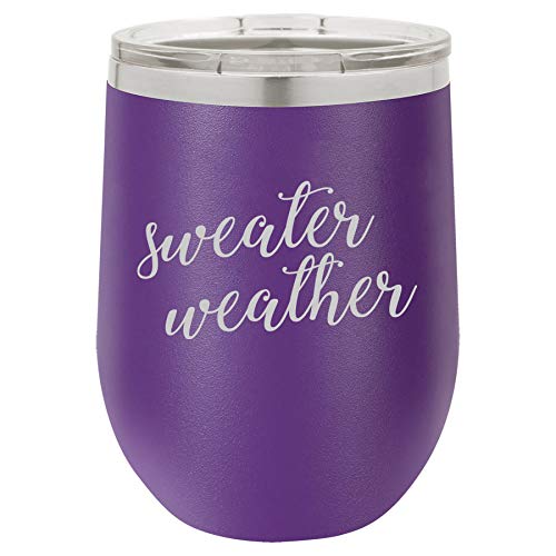 12 oz Double Wall Vacuum Insulated Stainless Steel Stemless Wine Tumbler Glass Coffee Travel Mug With Lid Sweater Weather (Purple)