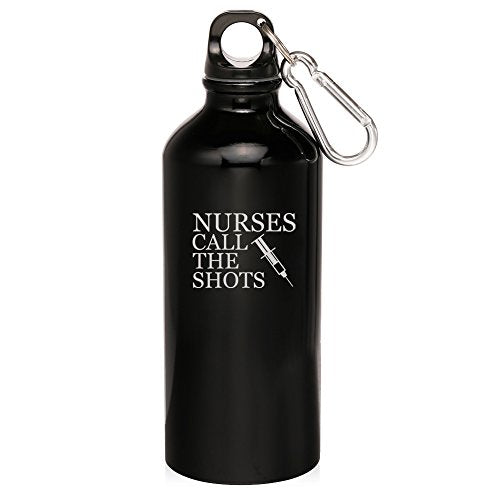 20oz Aluminum Sports Water Bottle Caribiner Clip Nurses Call The Shots (Black)