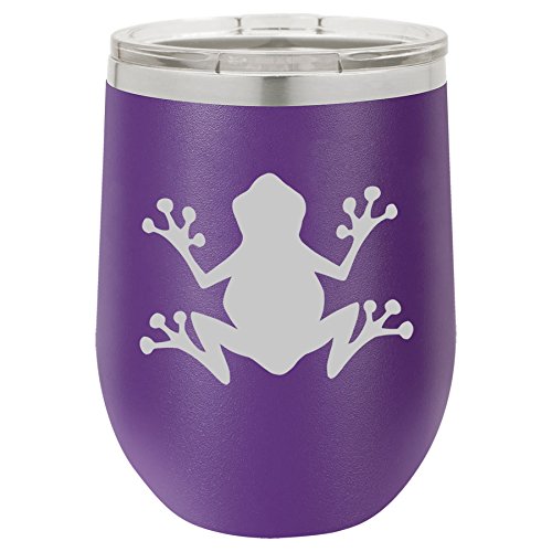 12 oz Double Wall Vacuum Insulated Stainless Steel Stemless Wine Tumbler Glass Coffee Travel Mug With Lid Frog (Purple)