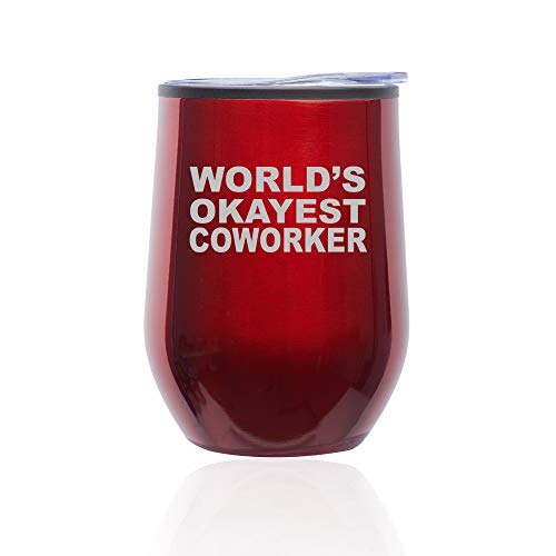 Stemless Wine Tumbler Coffee Travel Mug Glass With Lid World's Okayest Coworker (Red)