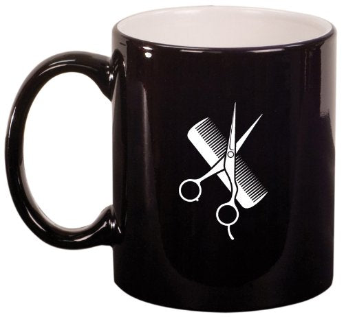 Black Ceramic Coffee Tea Mug Scissors Comb Hairdresser