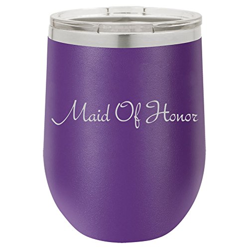 12 oz Double Wall Vacuum Insulated Stainless Steel Stemless Wine Tumbler Glass Coffee Travel Mug With Lid Maid Of Honor Bachelorette Wedding (Purple)