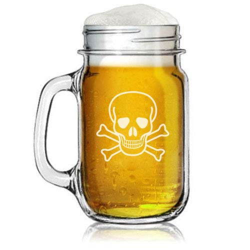 16oz Mason Jar Glass Mug w/Handle Skull Crossbones