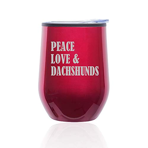 Stemless Wine Tumbler Coffee Travel Mug Glass With Lid Peace Love & Dachshunds (Fuchsia)