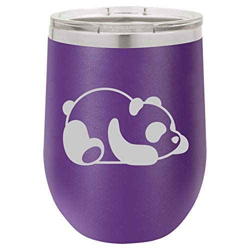 12 oz Double Wall Vacuum Insulated Stainless Steel Stemless Wine Tumbler Glass Coffee Travel Mug With Lid Lazy Panda (Purple)