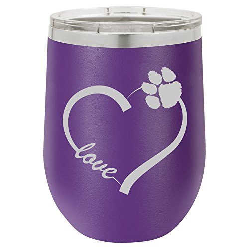 12 oz Double Wall Vacuum Insulated Stainless Steel Stemless Wine Tumbler Glass Coffee Travel Mug With Lid Love Heart Paw Animals (Purple)