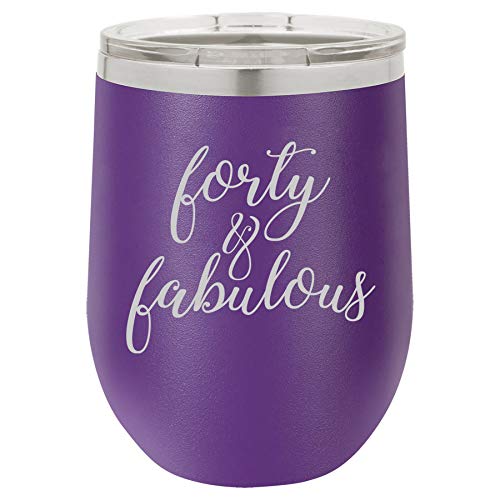 12 oz Double Wall Vacuum Insulated Stainless Steel Stemless Wine Tumbler Glass Coffee Travel Mug With Lid Forty & Fabulous 40th Birthday (Purple)