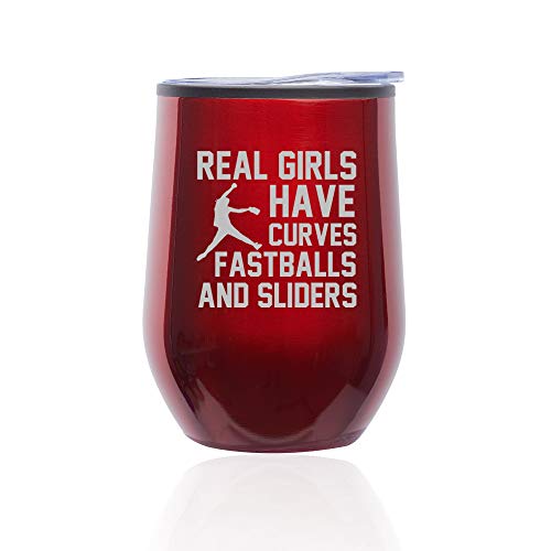 Stemless Wine Tumbler Coffee Travel Mug Glass With Lid Real Girls Curves Softball (Red)