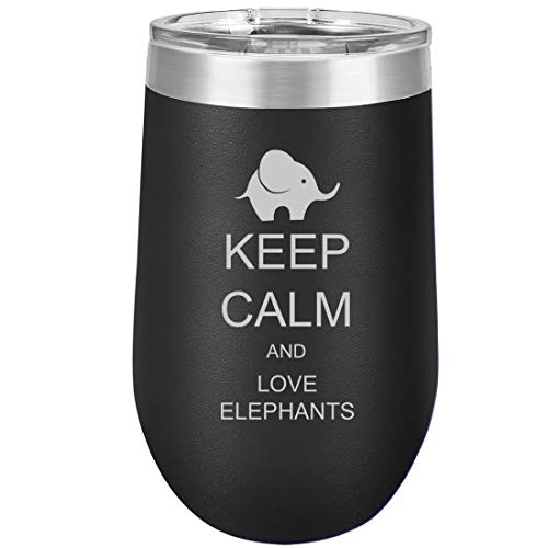 16 oz Double Wall Vacuum Insulated Stainless Steel Stemless Wine Tumbler Glass Coffee Travel Mug With Lid Keep Calm And Love Elephants (Black)
