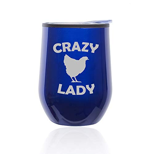 Stemless Wine Tumbler Coffee Travel Mug Glass With Lid Crazy Chicken Lady (Blue)