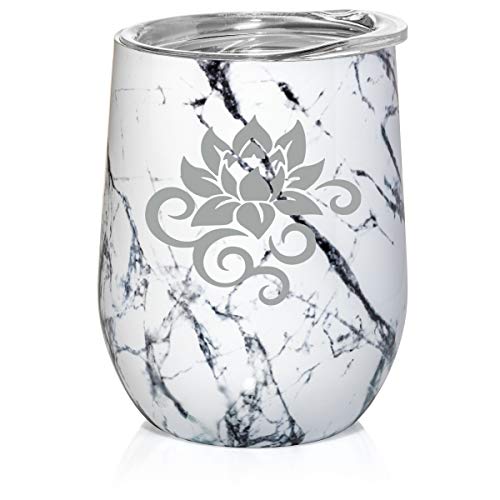 12 oz Double Wall Vacuum Insulated Stainless Steel Marble Stemless Wine Tumbler Glass Coffee Travel Mug With Lid Lotus Flower Scroll (Black White Marble)