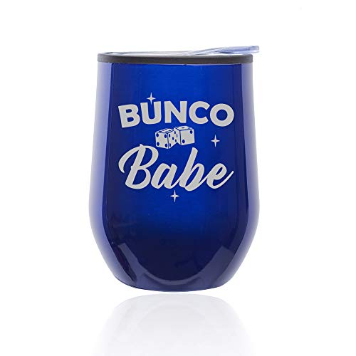 Stemless Wine Tumbler Coffee Travel Mug Glass With Lid Bunco Babe (Blue)