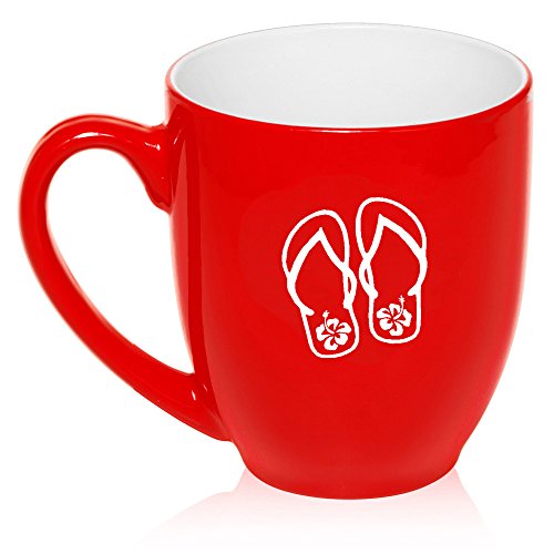 16 oz Large Bistro Mug Ceramic Coffee Tea Glass Cup Flip Flops With Hibiscus (Red)