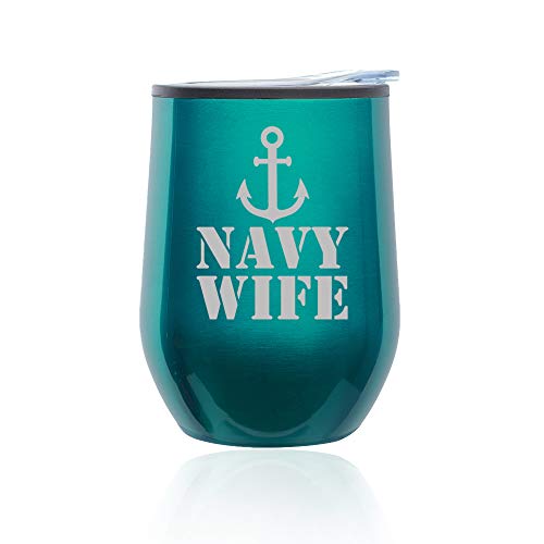 Stemless Wine Tumbler Coffee Travel Mug Glass With Lid Navy Wife (Turquoise Teal)