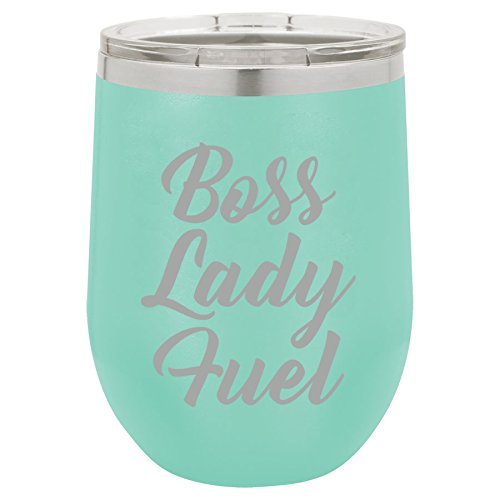 12 oz Double Wall Vacuum Insulated Stainless Steel Stemless Wine Tumbler Glass Coffee Travel Mug With Lid Boss Lady Fuel (Teal)