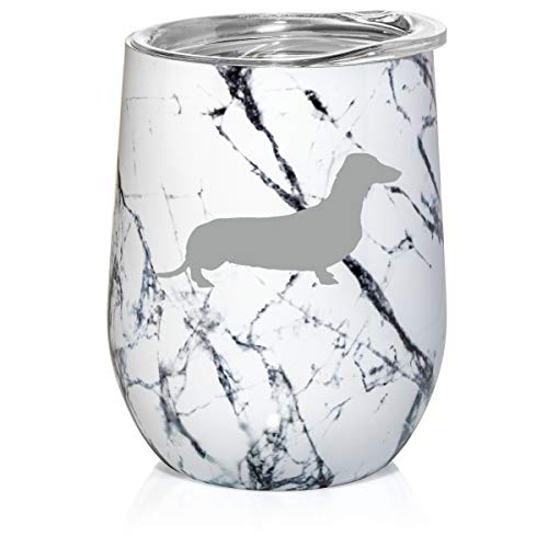 12 oz Double Wall Vacuum Insulated Stainless Steel Marble Stemless Wine Tumbler Glass Coffee Travel Mug With Lid Dachshund (Black White Marble)